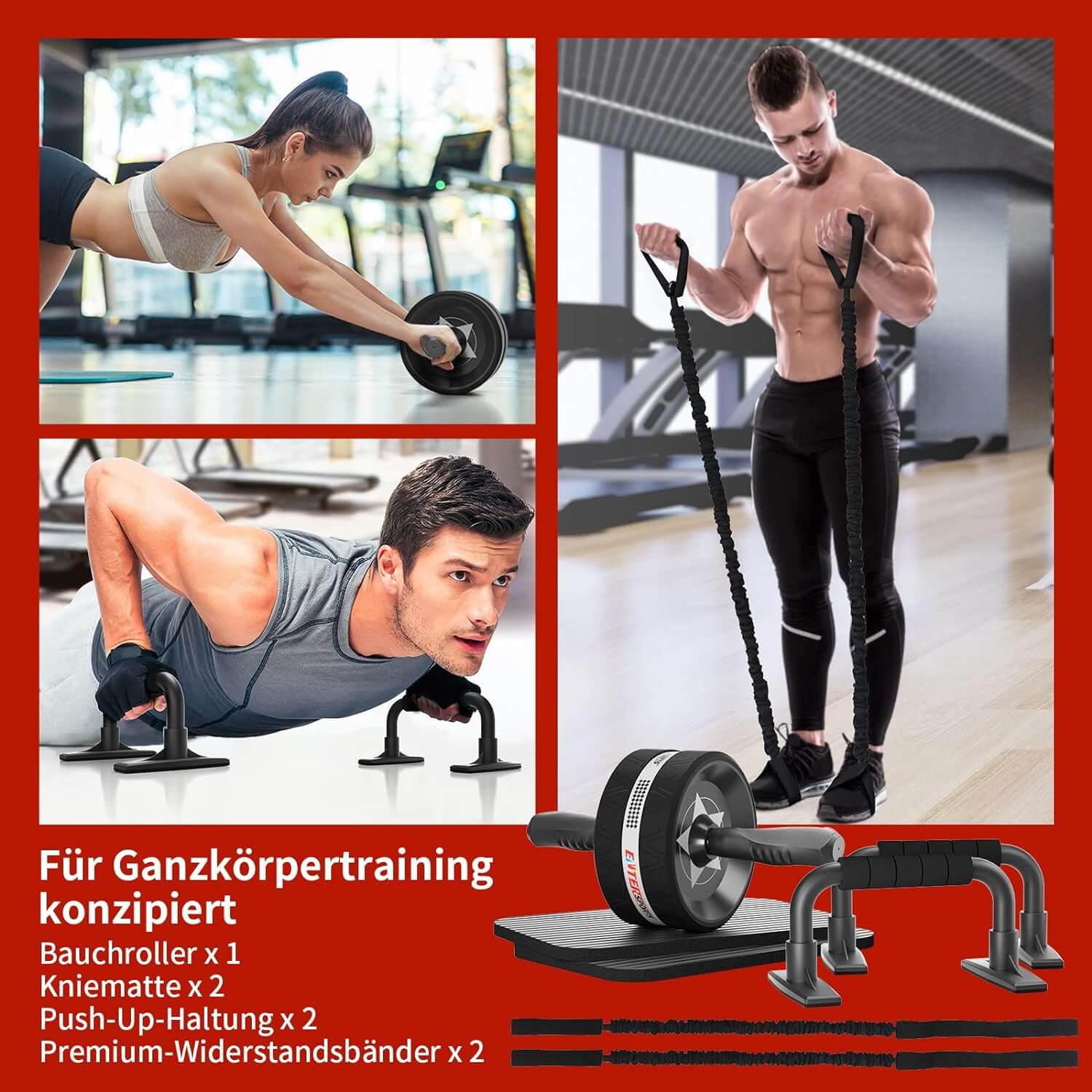 Bauchroller, 6-in-1 Bauchtrainer mit Fitnessband, Liegestütze, Kniematte, Fitness Geräte Bauchmuskeltrainer